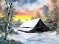 cottage in winter Style of Bob Ross